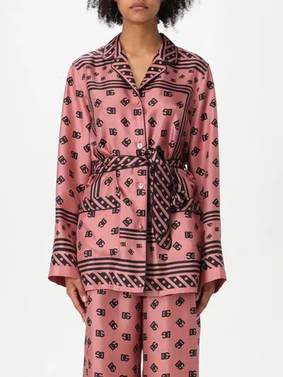 Dolce & Gabbana Silk Twill Pyjamas Shirt Print Scarf Logo Dg Allover In Pink
