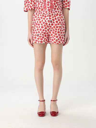 Versace 'floral Ladybug Strawberry' Elastic Waistband Shorts In Red