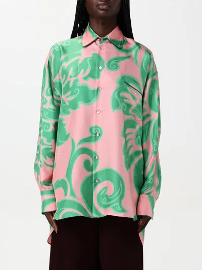 Etro Pink Silk Shirt With Green Print In Multicolor