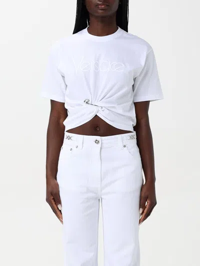 Versace Pale Pink Cotton Cropped Logo T-shirt In White