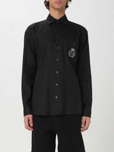 Dolce & Gabbana Linen Shirt With Heraldic Patch In Black