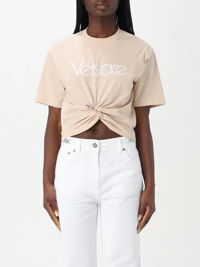 Versace Pale Pink Cotton Cropped Logo T-shirt In Pink