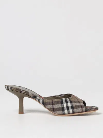 Burberry Check Pattern Kitten Heel Mules With Peep Toe In Brown