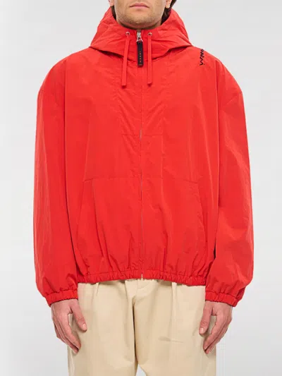 Marni Red Hooded Jacket In Polyester With Embroidered Logo