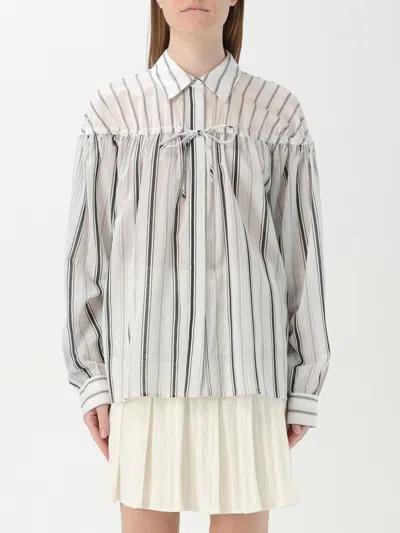 Pinko Striped Long Sleeve Top With Pleated Detail In White
