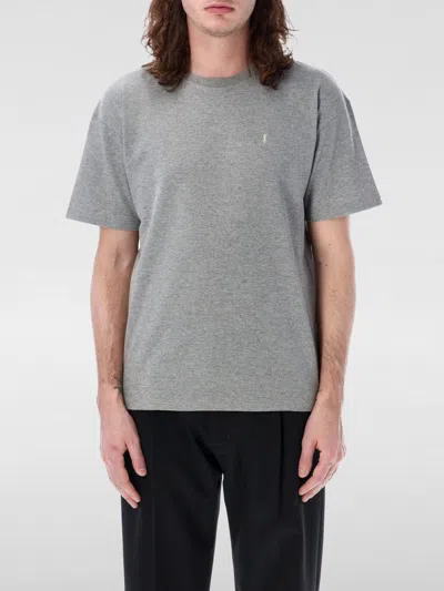 Saint Laurent Grey Crewneck T-shirt With Cassandre Embroidery In Cotton Man In Gray