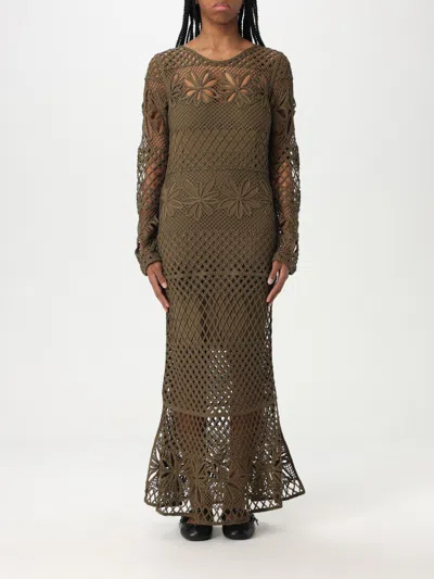 Pinko Crewneck Crochet Floral Knitted Long Sheer In Olive