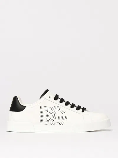 Dolce & Gabbana Portofino' White Low Top Sneakers With Perforated Logo In Leather In White