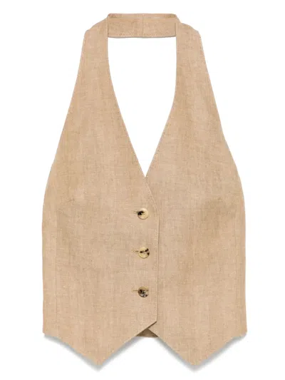 Max Mara 'sauro' Halterneck Buttoned Linen Vest In Brown