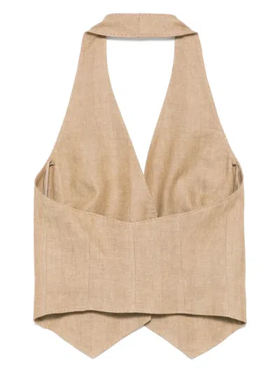 Max Mara 'sauro' Halterneck Buttoned Linen Vest In Brown
