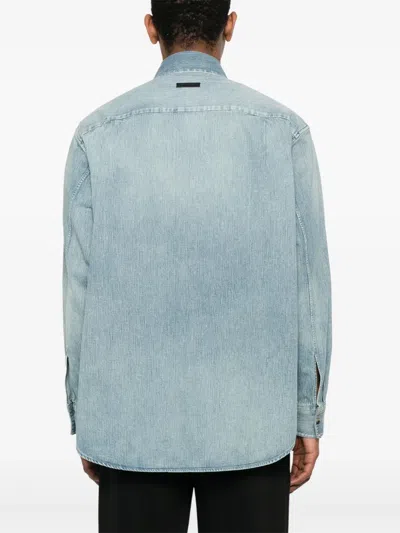 Fear Of God Light Blue Shirt With Faded Denim Effect In Animal Print