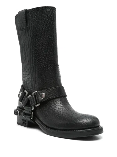 Miu Miu Leather Block Heel Ankle Boots In Black