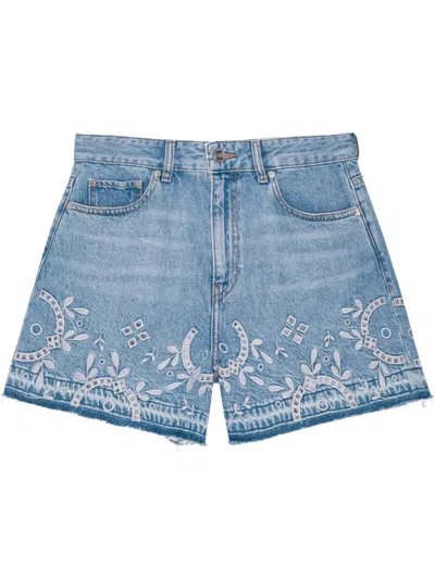 Ganni Embroidered Frayed Hem Shorts With Pockets And Loops In Blau