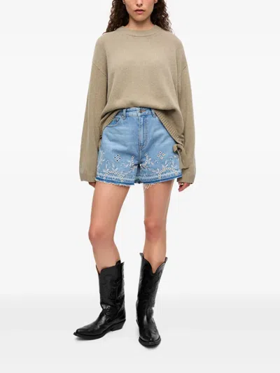 Ganni Embroidered Frayed Hem Shorts With Pockets And Loops In Blau