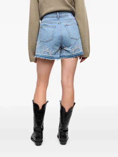 Ganni Embroidered Frayed Hem Shorts With Pockets And Loops In Blau