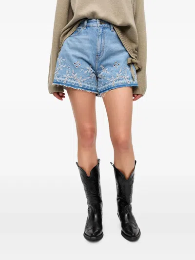 Ganni Embroidered Frayed Hem Shorts With Pockets And Loops In Blau