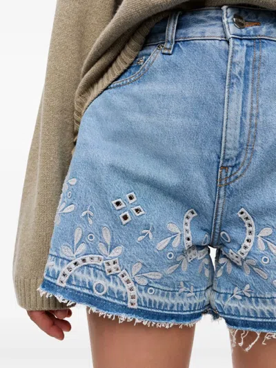 Ganni Embroidered Frayed Hem Shorts With Pockets And Loops In Blau