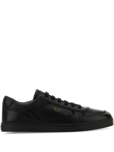 Prada Leather Sneakers With Flat Sole And Round Toe In Black