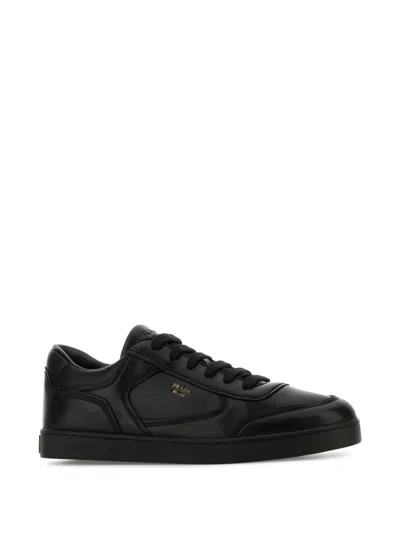 Prada Leather Sneakers With Flat Sole And Round Toe In Black