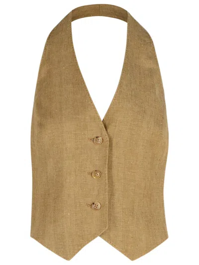 Max Mara 'sauro' Halterneck Buttoned Linen Vest In Brown