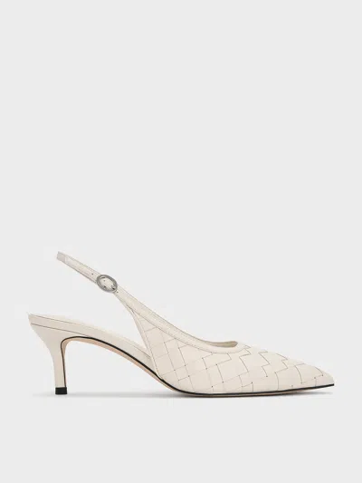 Charles & Keith - Woven Pointed-toe Slingback Pumps In Chalk