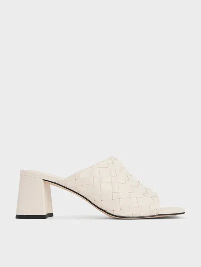 Charles & Keith - Woven Square-toe Heeled Mules In Chalk