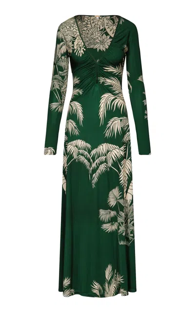 Johanna Ortiz Alma Bordara Gathered Printed Jersey Maxi Dress In Green