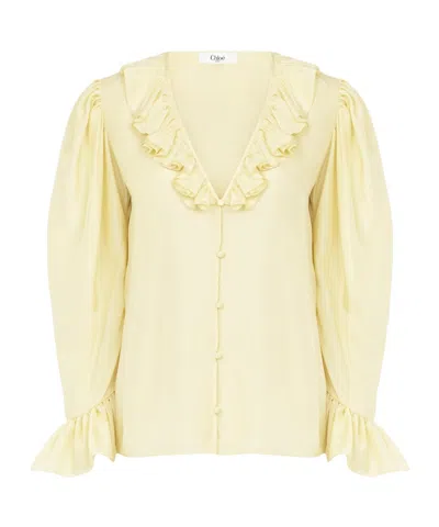 Chloé V-neck Ruffle Top In Silk Habotai In Nude
