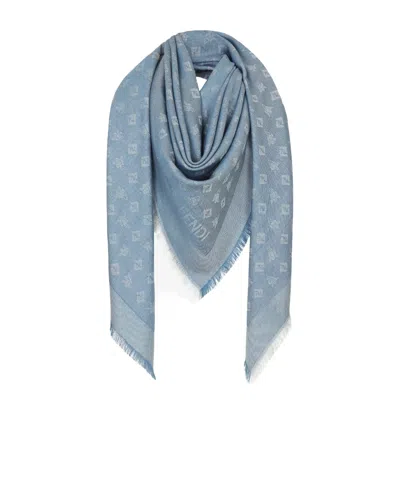 Fendi Ff Silk Stole Rectangular Shape Frayed Edges In Blue