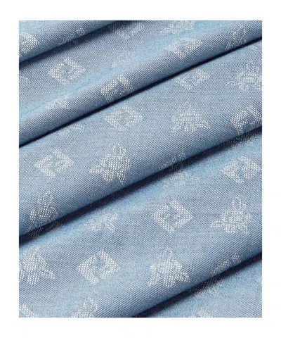 Fendi Ff Silk Stole Rectangular Shape Frayed Edges In Blue