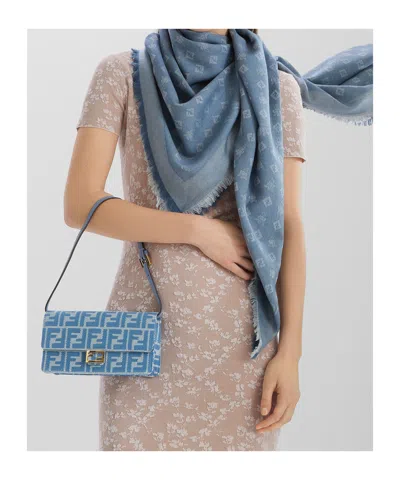 Fendi Ff Silk Stole Rectangular Shape Frayed Edges In Blue