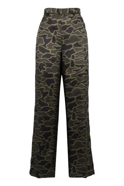 Aspesi Silk Trousers With Camouflage Print And Wide Leg In Green