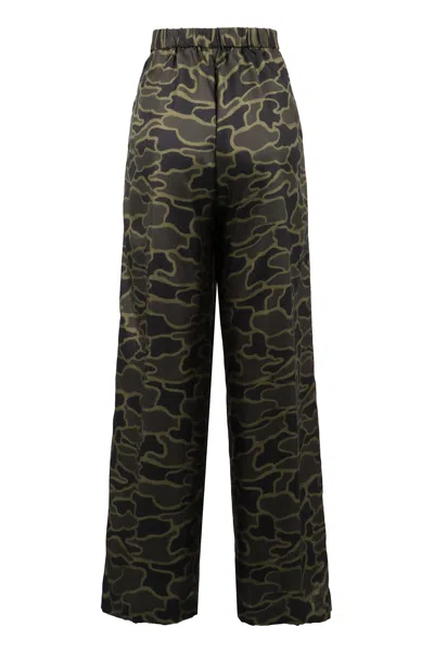 Aspesi Silk Trousers With Camouflage Print And Wide Leg In Green