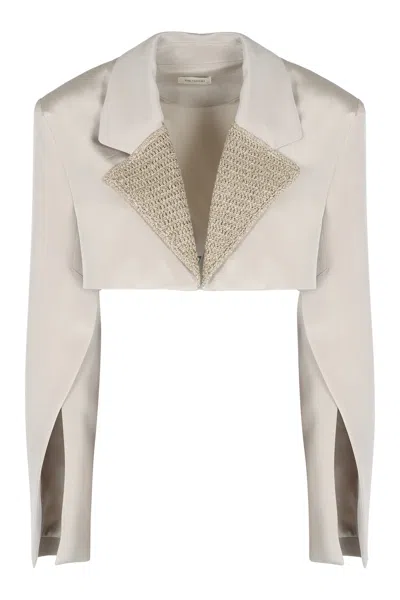 The Mannei Silk Blazer With Textured Lapel And Cropped Length In Beige