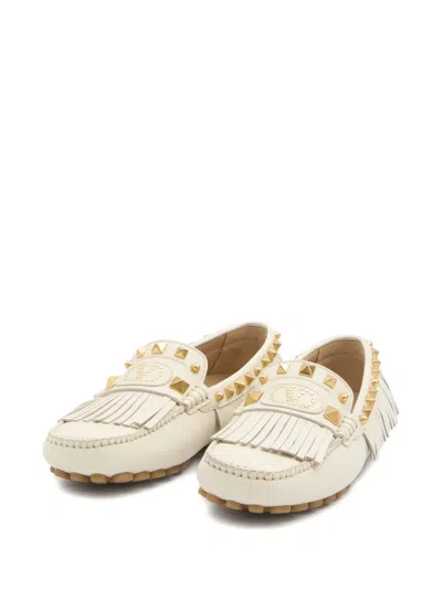 Valentino Garavani Fringed Leather Loafers Metal Rivets In White