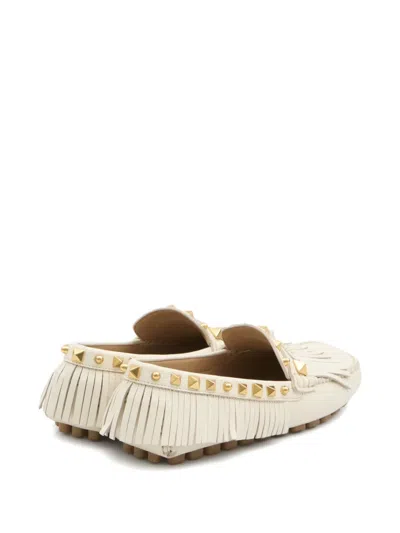Valentino Garavani Fringed Leather Loafers Metal Rivets In White