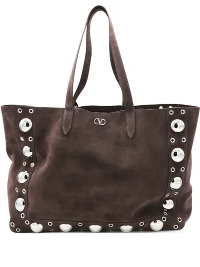 Valentino Garavani Structured Suede Tote Bag In Brown