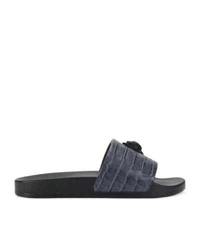 Kurt Geiger Leather Croc-embossed Eagle Slides In Navy