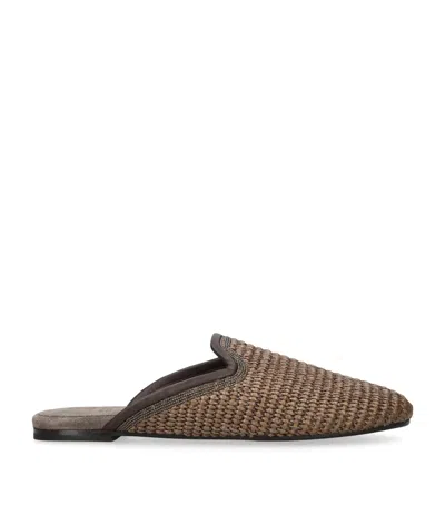 Brunello Cucinelli Brown Slip-on Sandals With Woven Design And Suede Lining In Brown