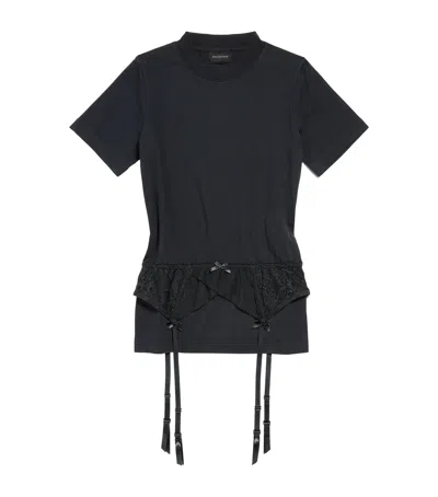 Balenciaga Women Black Crewneck T-shirt With Underwear Detail On The Waist In Cotton Woman In Black