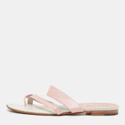 Pre-owned Manolo Blahnik Pink Python Leather Susa Flat Slides Size 38