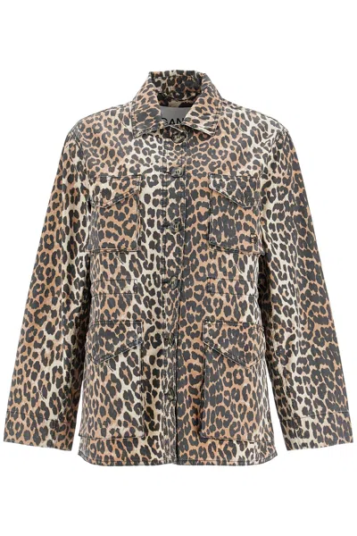 Ganni Leopard Print Canvas Overshirt In Brown