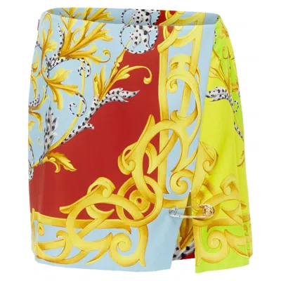 Versace Pop Acantus Barocco G Medusa Safety Pin Slit Mini Skirt In Multi