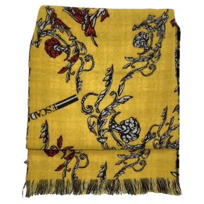 Escada Printed Fringed Scarf In Yellow Wool In Yellow