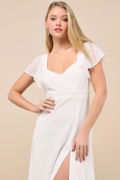 Lulus Simply Delightful White Tie-back Flutter Sleeve Maxi Dress In White