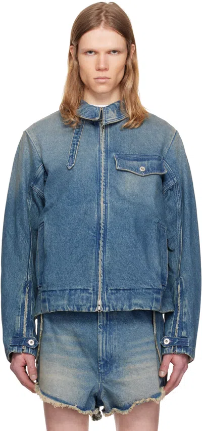 Random Identities Blue Washed Zipped Denim Jacket In Blue
