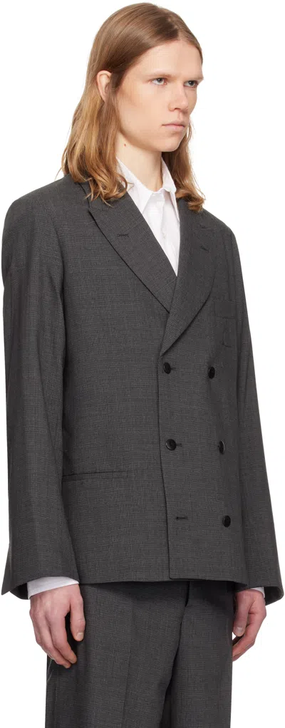 Random Identities Gray Houndstooth Wool Blend Double Breasted Blazer In Dark Grey 1