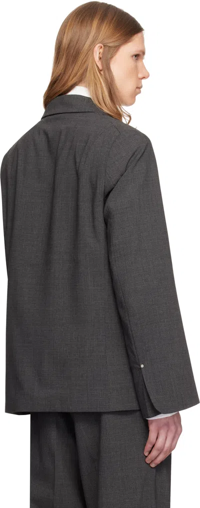 Random Identities Gray Houndstooth Wool Blend Double Breasted Blazer In Dark Grey 1