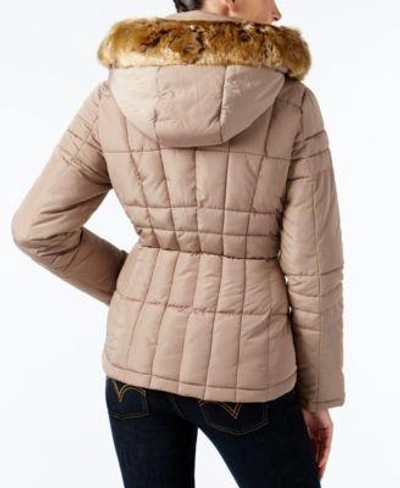 Shop Calvin Klein Petite Faux-fur-trim Hooded Down Puffer Coat In Tawney Owl