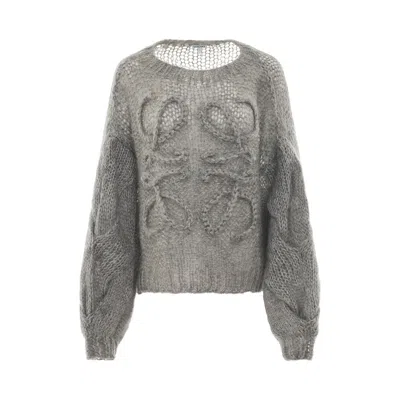 Loewe Logo-embroidered Open-knit Jumper In Grey Melange